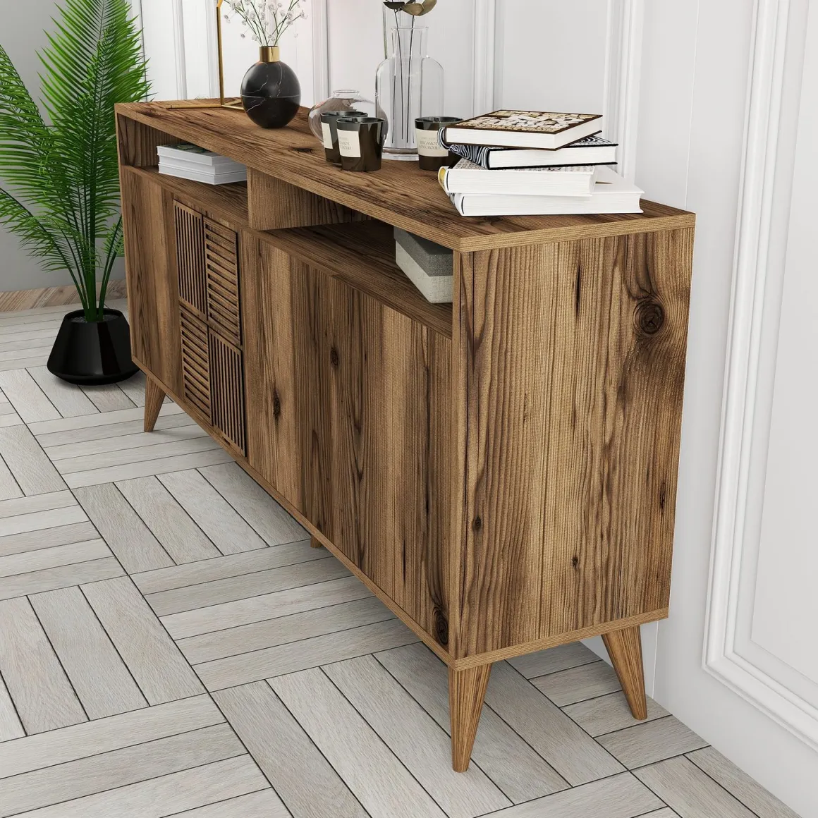 Madie|Credenze > Dmora Credenza 2 Ripiani 4 Ante 180x35x78h cm, 4 Vani - Pollein Marrone Noce