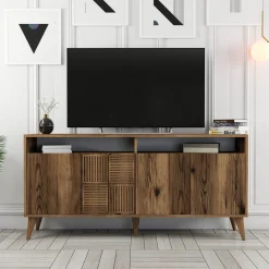 Madie|Credenze > Dmora Credenza 2 Ripiani 4 Ante 180x35x78h cm, 4 Vani - Pollein Marrone Noce