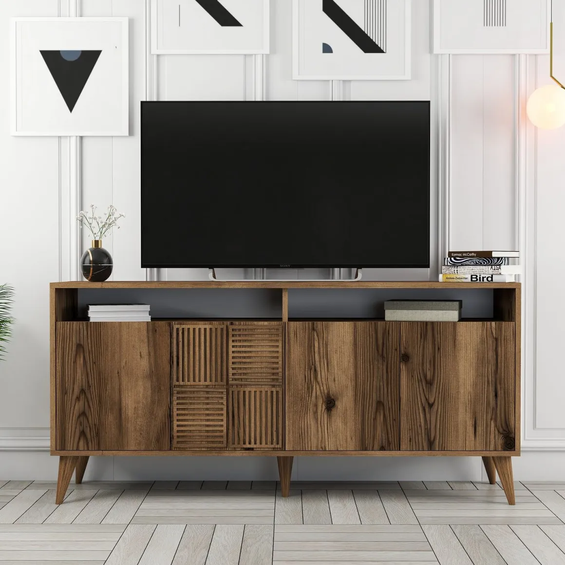 Madie|Credenze > Dmora Credenza 2 Ripiani 4 Ante 180x35x78h cm, 4 Vani - Pollein Marrone Noce