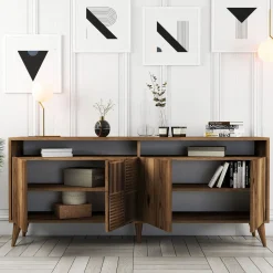 Madie|Credenze > Dmora Credenza 2 Ripiani 4 Ante 60x31x140h cm, 5 Vani - Sestu Marrone Noce