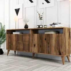 Credenza Marrone Noce 2 Ripiani 4 Ante 180x35x78h cm, 6 Vani - Falzes