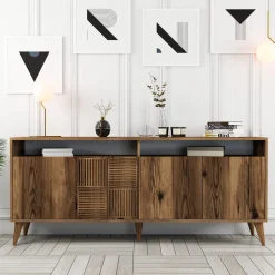 Credenza Marrone Noce 2 Ripiani 4 Ante 180x35x78h cm, 6 Vani - Falzes