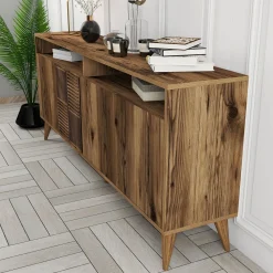 Credenza Marrone Noce 2 Ripiani 4 Ante 180x35x78h cm, 6 Vani - Falzes