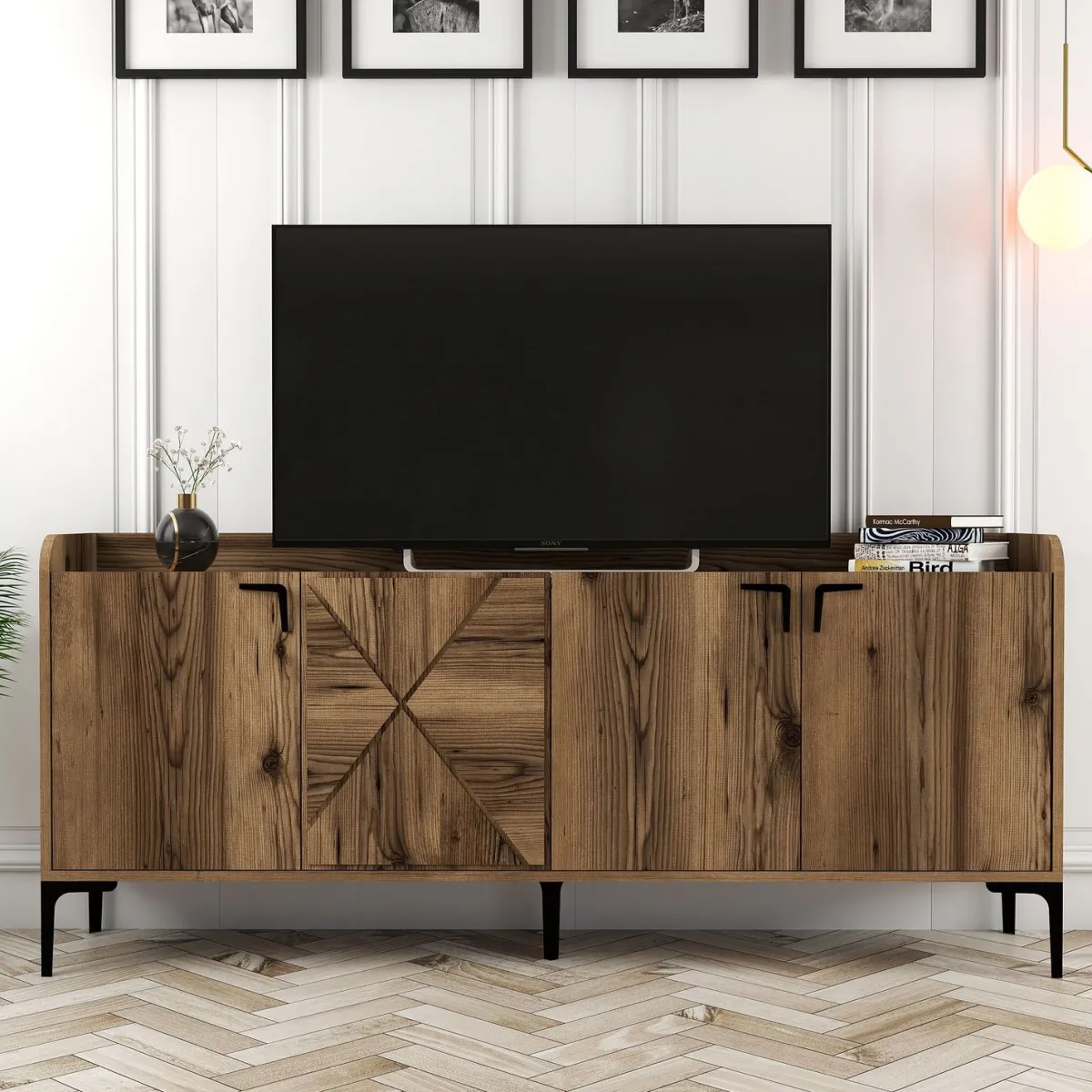 Madie > Dmora Credenza 2 Ripiani Apertura Battente 180x35x78h cm, 4 Ante - Elini Marrone Noce