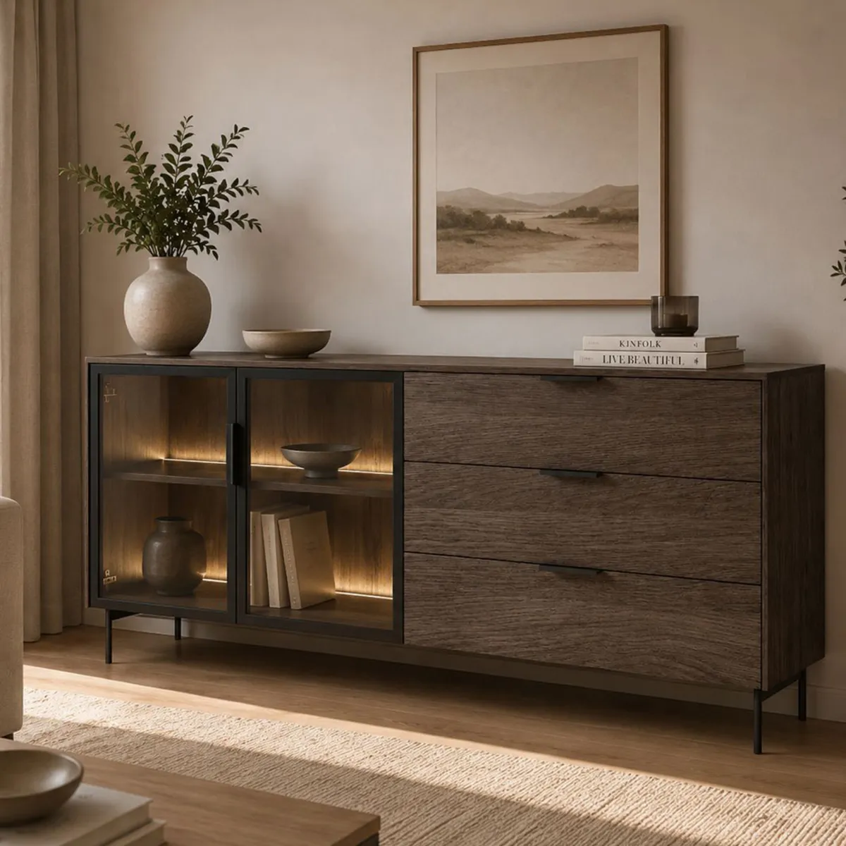 Credenze > Dmora Credenza Marrone Noce Trasparente 3 Cassetti un Ripiano 181x39x83h cm, Apertura Battente, Scorrevole - Hara Trasparente, Marrone Noce