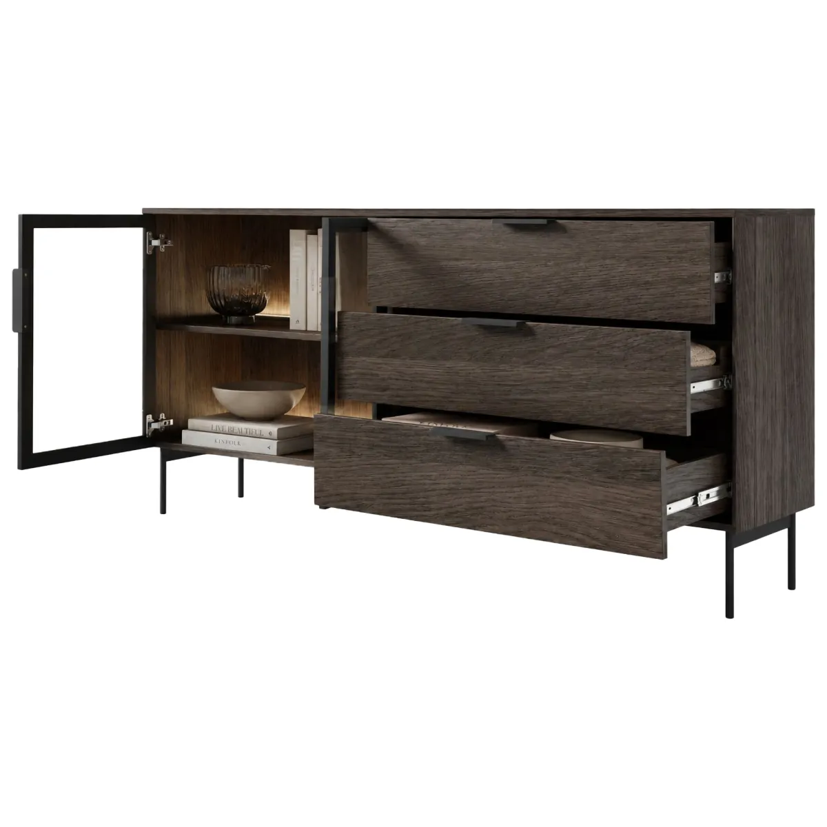 Credenze > Dmora Credenza Marrone Noce Trasparente 3 Cassetti un Ripiano 181x39x83h cm, Apertura Battente, Scorrevole - Hara Trasparente, Marrone Noce
