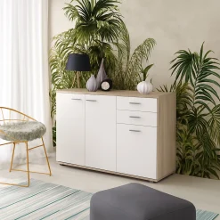 Madie|Credenze > Dmora Credenza Marrone Olmo Bianco 2 Cassetti un Ripiano 103x34x74h cm, Apertura Battente - Meldola Bianco, Marrone Olmo