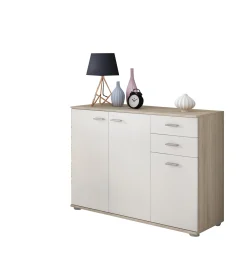 Madie|Credenze > Dmora Credenza Marrone Olmo Bianco 2 Cassetti un Ripiano 103x34x74h cm, Apertura Battente - Meldola Bianco, Marrone Olmo