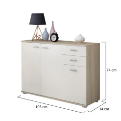 Madie|Credenze > Dmora Credenza Marrone Olmo Bianco 2 Cassetti un Ripiano 103x34x74h cm, Apertura Battente - Meldola Bianco, Marrone Olmo