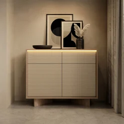 Credenze > Dmora Credenza Marrone Rovere Beige 2 Cassetti 2 Ripiani 104x40x84h cm, Apertura Battente, Scorrevole - Hateva Beige, Marrone Rovere