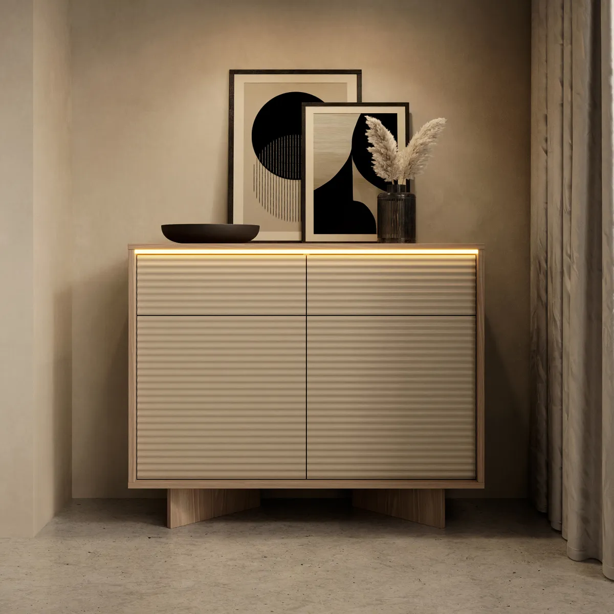 Credenze > Dmora Credenza Marrone Rovere Beige 2 Cassetti 2 Ripiani 104x40x84h cm, Apertura Battente, Scorrevole - Hateva Beige, Marrone Rovere