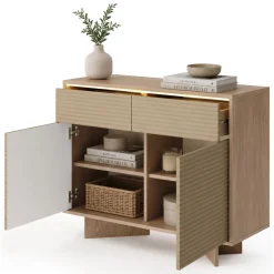 Credenze > Dmora Credenza Marrone Rovere Beige 2 Cassetti 2 Ripiani 104x40x84h cm, Apertura Battente, Scorrevole - Hateva Beige, Marrone Rovere