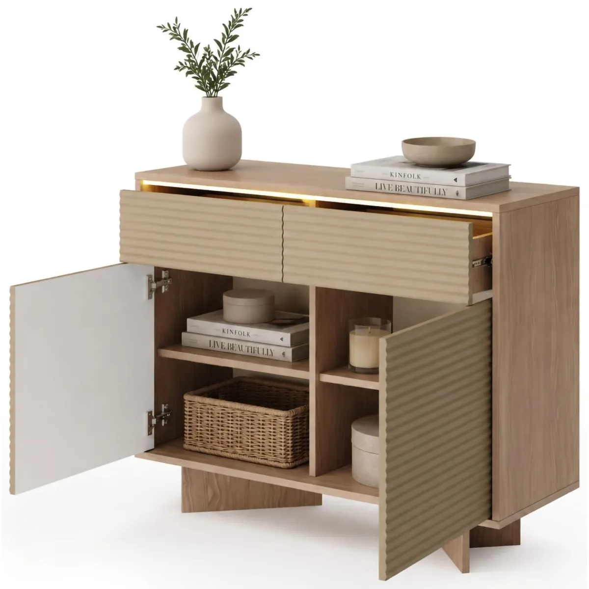 Credenze > Dmora Credenza Marrone Rovere Beige 2 Cassetti 2 Ripiani 104x40x84h cm, Apertura Battente, Scorrevole - Hateva Beige, Marrone Rovere