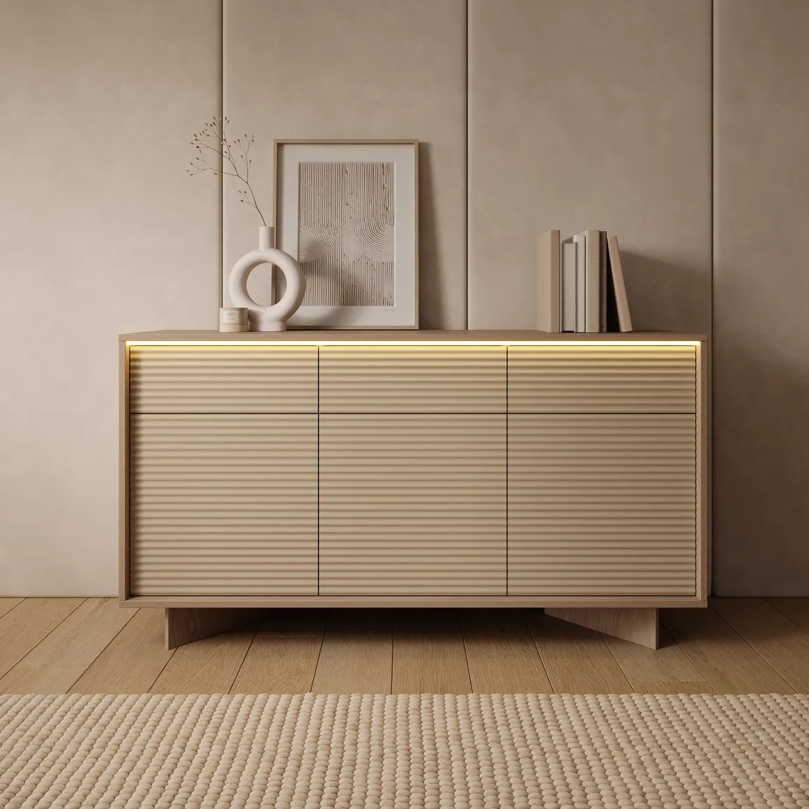 Credenza Marrone Rovere Beige 3 Cassetti 3 Ripiani 154x40x84h cm, Apertura Battente, Scorrevole - Hatareta