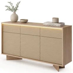 Credenza Marrone Rovere Beige 3 Cassetti 3 Ripiani 154x40x84h cm, Apertura Battente, Scorrevole - Hatareta