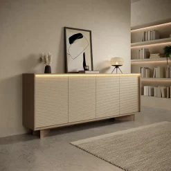 Madie|Credenze > Dmora Credenza Marrone Rovere Beige Marmo 3 Ripiani 4 Ante 180x40x81h cm, 6 Vani - Coste Beige Marmo, Marrone Rovere