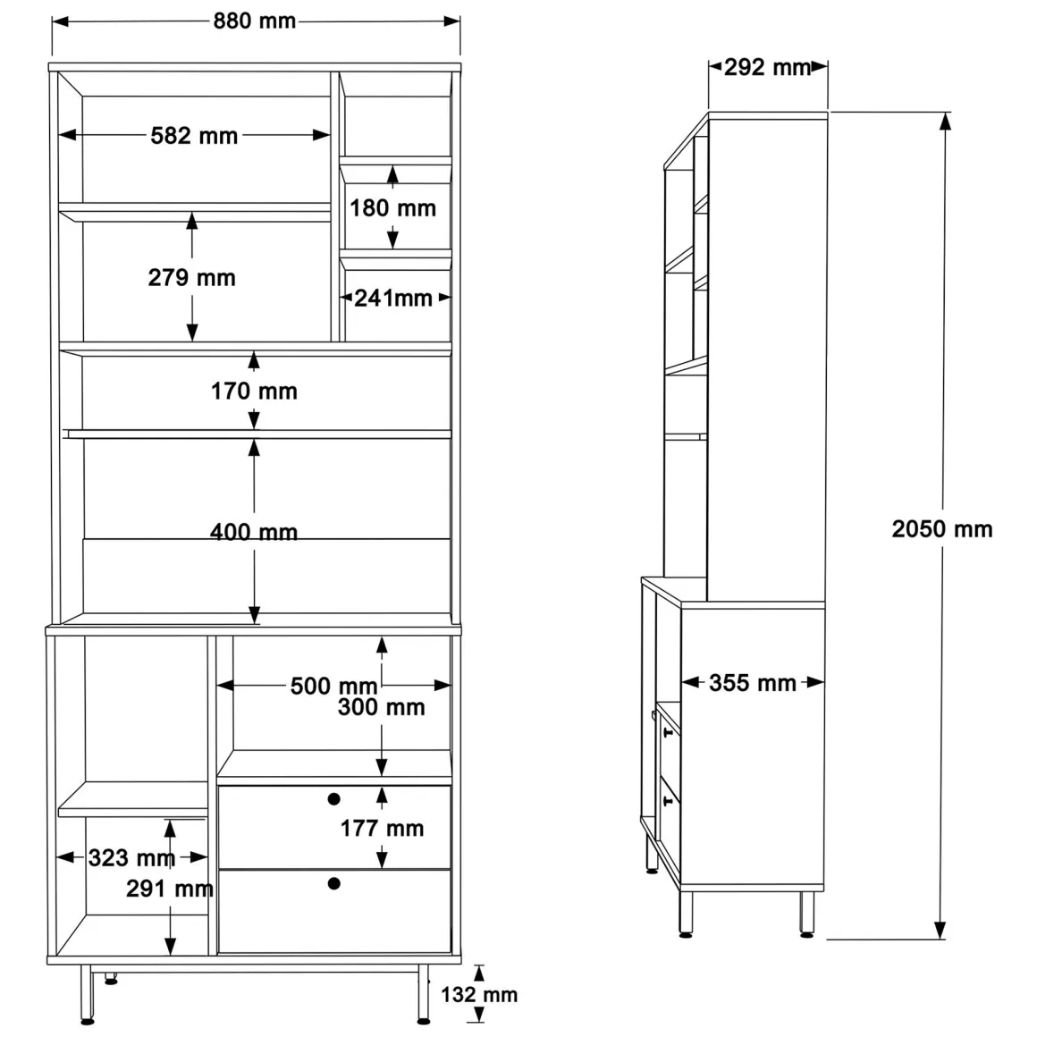 Credenza Marrone Rovere Bianco 2 Cassetti 8 Ripiani 88x36x205h cm, Apertura Battente, Scorrevole - Romallo