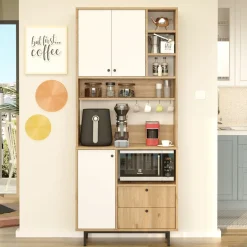 Credenza Marrone Rovere Bianco 2 Cassetti 8 Ripiani 88x36x205h cm, Apertura Battente, Scorrevole - Romallo