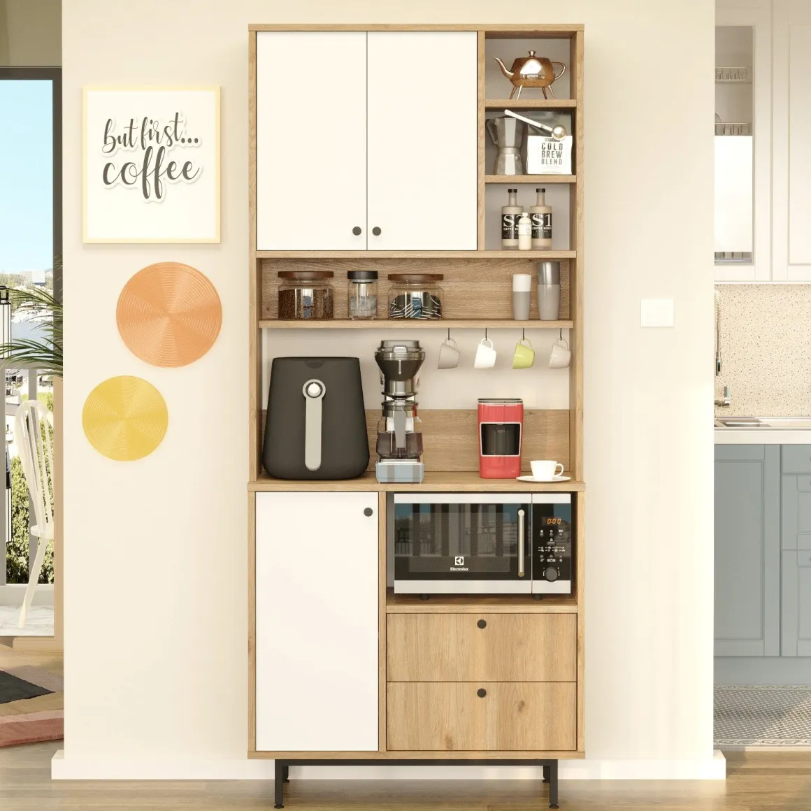 Credenza Marrone Rovere Bianco 2 Cassetti 8 Ripiani 88x36x205h cm, Apertura Battente, Scorrevole - Romallo