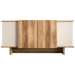 Madie|Credenze > Dmora Credenza Marrone Rovere Bianco 3 Ripiani 6 Vani 180x40x81h cm, 4 Ante - Coste Bianco, Marrone Rovere