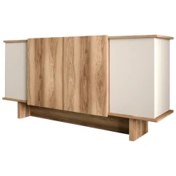Madie|Credenze > Dmora Credenza Marrone Rovere Bianco 3 Ripiani 6 Vani 180x40x81h cm, 4 Ante - Coste Bianco, Marrone Rovere