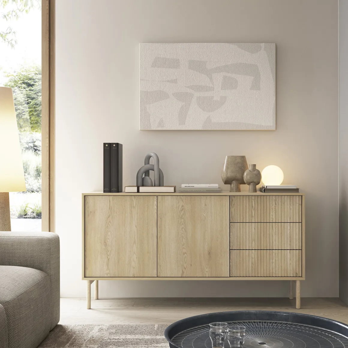 Credenze > Dmora Credenza 3 Cassetti 2 Ripiani 160x38x80h cm, Apertura Battente, Scorrevole - Hamonene Marrone Rovere