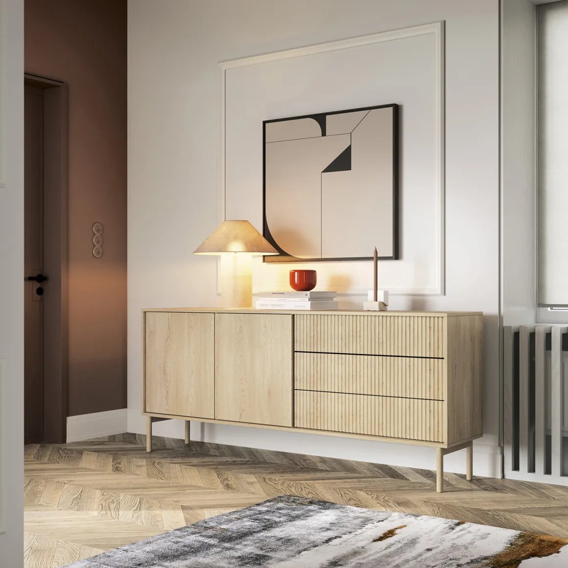Credenze > Dmora Credenza 3 Cassetti 2 Ripiani 196x40x82h cm, Apertura Scorrevole - Hanira Marrone Rovere