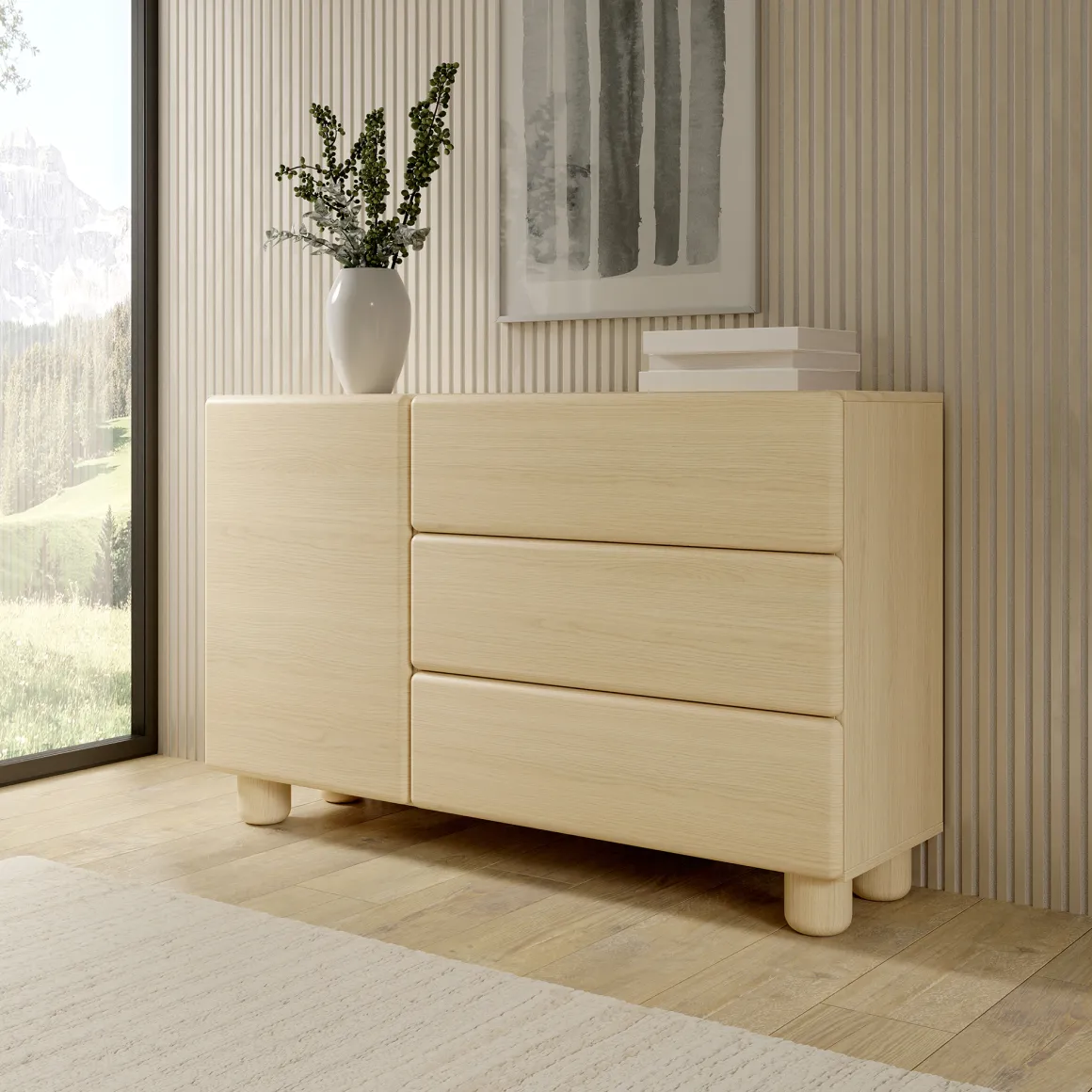 Credenza Marrone Rovere 3 Cassetti un Ripiano 130x38x80h cm, Apertura Battente, Scorrevole - Hanerito