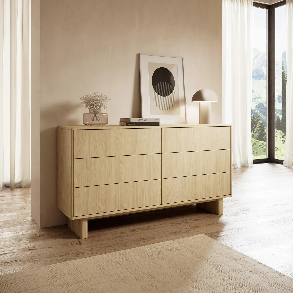Credenza Marrone Rovere 6 Cassetti un Ripiano 154x38x83h cm, Apertura Scorrevole - Hasimi