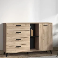 Credenza Marrone Rovere Grigio Nero 4 Cassetti 2 Ripiani 137.5x40x90.5h cm, Apertura Battente e Scorrevole - Issogne