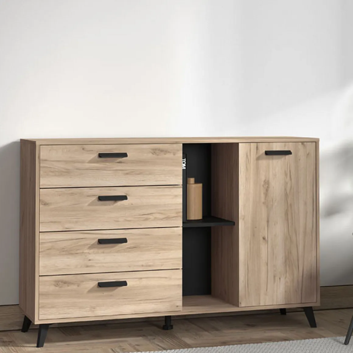 Credenza Marrone Rovere Grigio Nero 4 Cassetti 2 Ripiani 137.5x40x90.5h cm, Apertura Battente e Scorrevole - Issogne