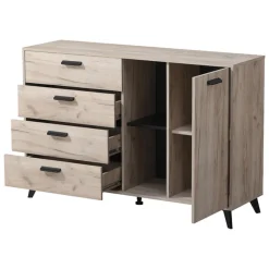 Credenza Marrone Rovere Grigio Nero 4 Cassetti 2 Ripiani 137.5x40x90.5h cm, Apertura Battente e Scorrevole - Issogne
