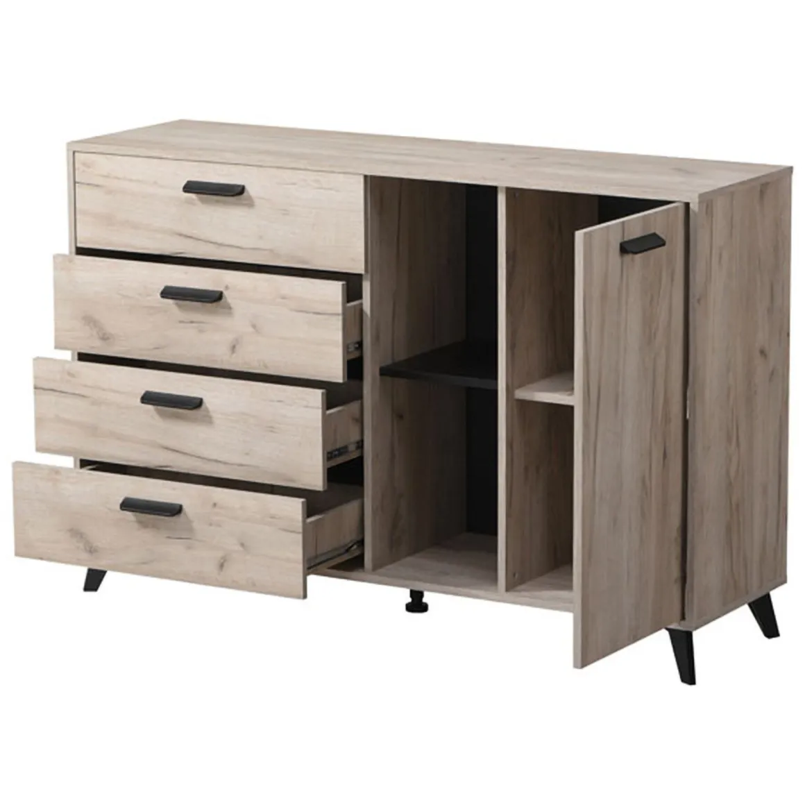 Credenza Marrone Rovere Grigio Nero 4 Cassetti 2 Ripiani 137.5x40x90.5h cm, Apertura Battente e Scorrevole - Issogne