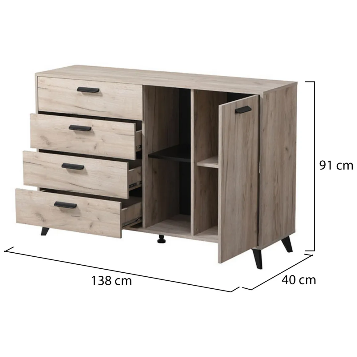 Credenza Marrone Rovere Grigio Nero 4 Cassetti 2 Ripiani 137.5x40x90.5h cm, Apertura Battente e Scorrevole - Issogne