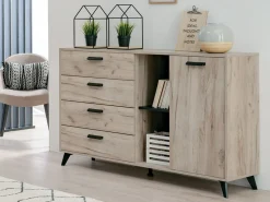 Credenza Marrone Rovere Grigio Nero 4 Cassetti 2 Ripiani 137.5x40x90.5h cm, Apertura Battente e Scorrevole - Issogne