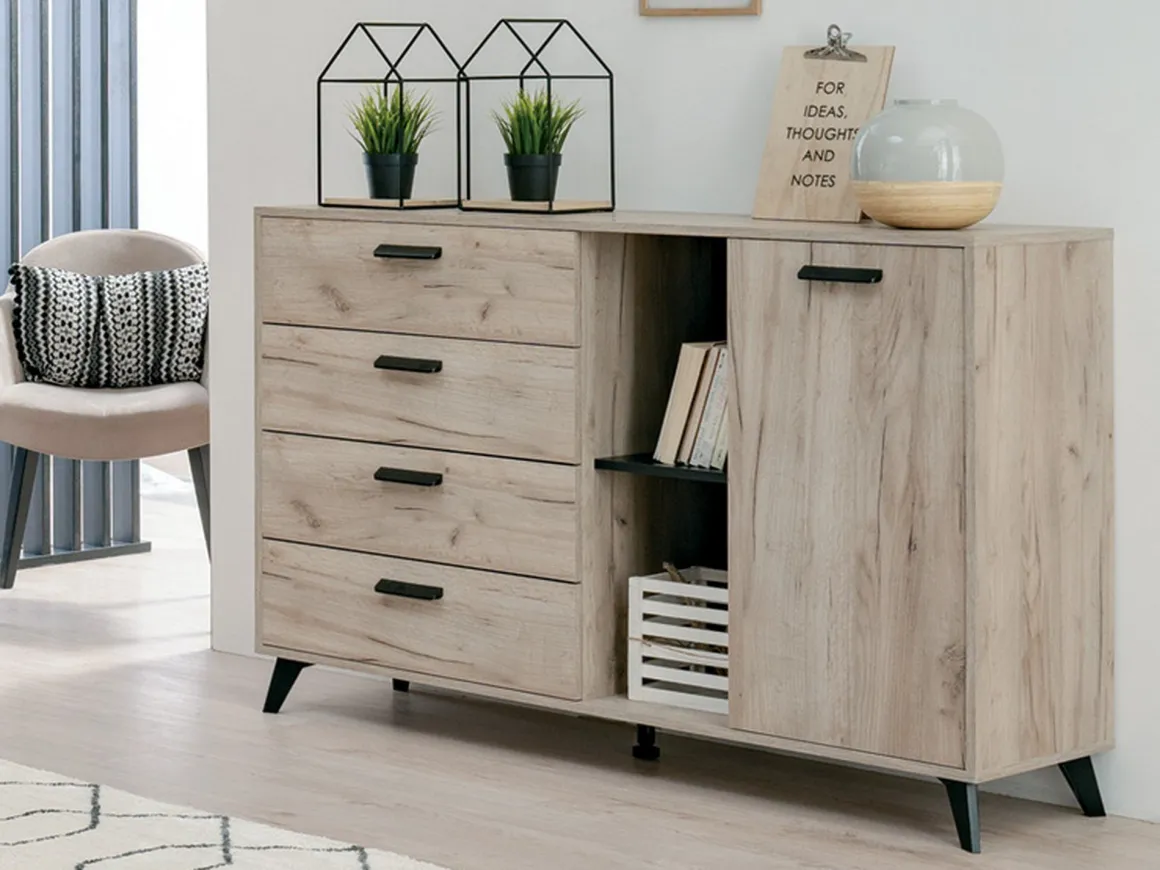 Credenza Marrone Rovere Grigio Nero 4 Cassetti 2 Ripiani 137.5x40x90.5h cm, Apertura Battente e Scorrevole - Issogne