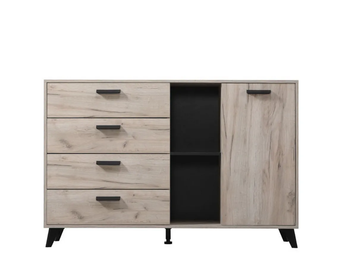 Credenza Marrone Rovere Grigio Nero 4 Cassetti 2 Ripiani 137.5x40x90.5h cm, Apertura Battente e Scorrevole - Issogne