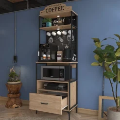Madie|Credenze > Dmora Credenza Marrone Rovere Nero 2 Ripiani un Cassetto 70x40x207h cm, Apertura Scorrevole - Nemol Nero, Marrone Rovere
