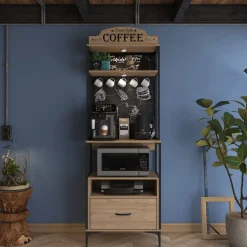 Madie|Credenze > Dmora Credenza Marrone Rovere Nero 2 Ripiani un Cassetto 70x40x207h cm, Apertura Scorrevole - Nemol Nero, Marrone Rovere