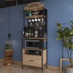 Madie|Credenze > Dmora Credenza Marrone Rovere Nero 2 Ripiani un Cassetto 70x40x207h cm, Apertura Scorrevole - Nemol Nero, Marrone Rovere
