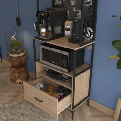 Madie|Credenze > Dmora Credenza Marrone Rovere Nero 2 Ripiani un Cassetto 70x40x207h cm, Apertura Scorrevole - Nemol Nero, Marrone Rovere