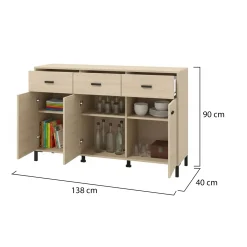 Credenze > Dmora Credenza Marrone Rovere Nero 4 Cassetti 2 Ripiani 140x42x87h cm, Apertura Battente, Scorrevole - Hamireso Nero, Marrone Rovere