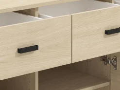 Credenze > Dmora Credenza Marrone Rovere Nero 4 Cassetti 2 Ripiani 140x42x87h cm, Apertura Battente, Scorrevole - Hamireso Nero, Marrone Rovere