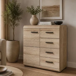 Madie|Credenze > Dmora Credenza Marrone Rovere Nero 4 Vani 3 Ante 120x30x75h cm, Apertura a Ribalta - Amiterno Nero, Marrone Rovere
