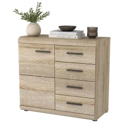 Madie|Credenze > Dmora Credenza Marrone Rovere Nero 4 Vani 3 Ante 120x30x75h cm, Apertura a Ribalta - Amiterno Nero, Marrone Rovere
