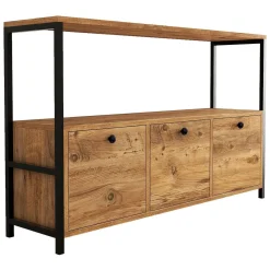 Madie|Credenze > Dmora Credenza Marrone Rovere Nero 4 Vani 3 Ante 120x30x75h cm, Apertura a Ribalta - Amiterno Nero, Marrone Rovere