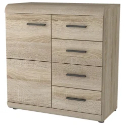 Madie|Credenze > Dmora Credenza Marrone Rovere Nero 4 Vani 3 Ante 120x30x75h cm, Apertura a Ribalta - Amiterno Nero, Marrone Rovere