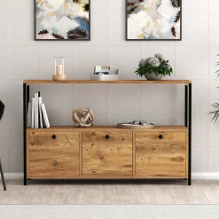 Madie|Credenze > Dmora Credenza Marrone Rovere Nero 4 Vani 3 Ante 120x30x75h cm, Apertura a Ribalta - Amiterno Nero, Marrone Rovere