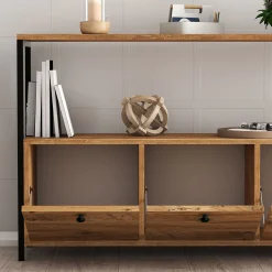 Madie|Credenze > Dmora Credenza Marrone Rovere Nero 4 Vani 3 Ante 120x30x75h cm, Apertura a Ribalta - Amiterno Nero, Marrone Rovere
