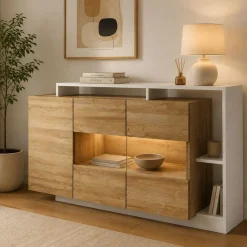Madie|Credenze > Dmora Credenza Marrone Rovere Nero Antracite 5 Ripiani 2 Cassetti 88x36x161h cm, 3 Ante - Paratico Nero Antracite, Marrone Rovere